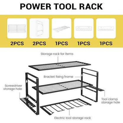 Power Tool Organizer Wall Mount, 3-Tier Heavy Duty Metal Rack Loads 180lbs with 4 Drill Holders and Side Hooks, Tool Battery Utility Rack Suitable Garage