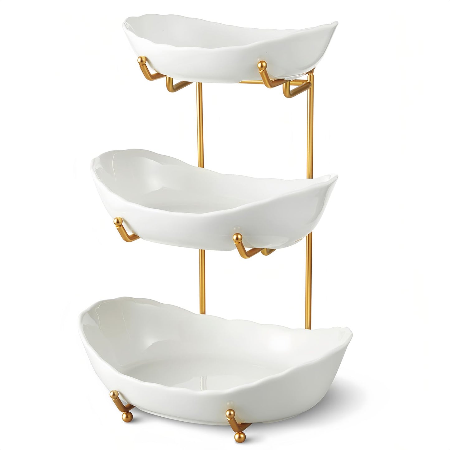 HOMKULA Ceramic Fruit Bowl for Kitchen Counter - 3 Tier Fruit Basket with Metal Stand, Tiered Fruit Stand for Countertop, Snack, Nuts, Cake, Dessert, Cute (Gold, Small) 1