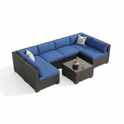 GarveeHome 7-Piece Modular Outdoor Patio Set, Sectional Rattan Wicker Sofa with Water-Resistant & Washable Thick Blue Cushions, Includes Coffee Table, Black Frame for Garden, Deck, Poolside