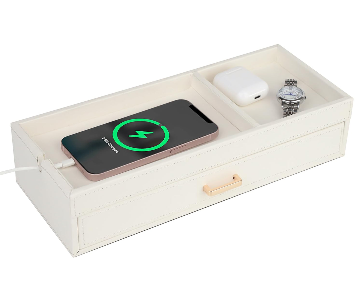HofferRuffer Valet Jewelry Tray Organizer with Drawer, Faux Leather Storage Catchall Box Phone Charging Station Tray with Dresser Nightstand Desktop Drawer Organizer (White)