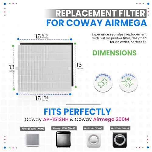 Bagean AP-1512HH Filter Compatible with Coway Airmega AP-1512HH & 200M Air Purifier - Fit Coway Filter Replacement - H13 True HEPA Filters Removes 99.97% particles Freshens the Air (3 HEPA + 6 Carbon)