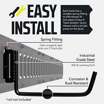 DC Cargo - Extended Flat J Hook E Track Ladder Hooks (4 Pack) - Shed, Garage Wall Hanger Accessories - Storage Hangers for Ladders, Large Tools & Equipment - Heavy Duty Organize Holder Mount
