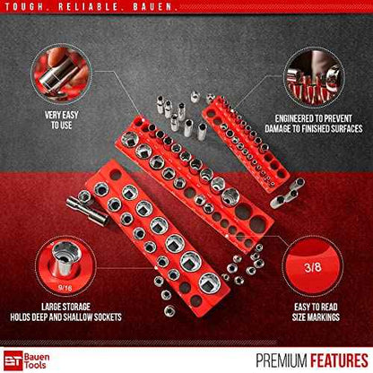 Magnetic Socket Organizer Set -3 Piece SAE Magnetic Socket Holder Set Red - 1/2-inch, 3/8-inch & 1/4-inch Drive, Holds 68 Sockets, Professional Grade Socket Tray Organizer.
