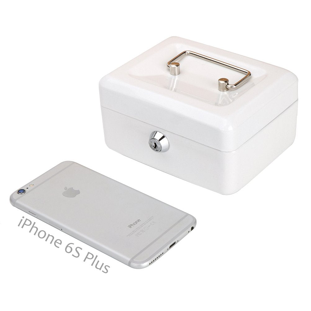 Decaller Small Cash Box with Key Lock, Double Layer Metal Money Box for Home Security, Portable Locking Box, 5.9" x 4.7" x 3.2", White