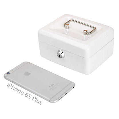 Decaller Small Cash Box with Key Lock, Double Layer Metal Money Box for Home Security, Portable Locking Box, 5.9" x 4.7" x 3.2", White