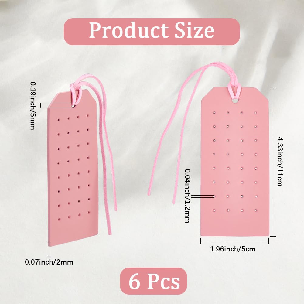 CALFOVERA 6Pcs Rectangle Pierced Stud Display Cards 32 Holes Portable PU Leather Earring Holders 4.3x2.2 Inch Earring Organizer Hanging Case with Cord for Women Travel Jewlery Storage (Pink)