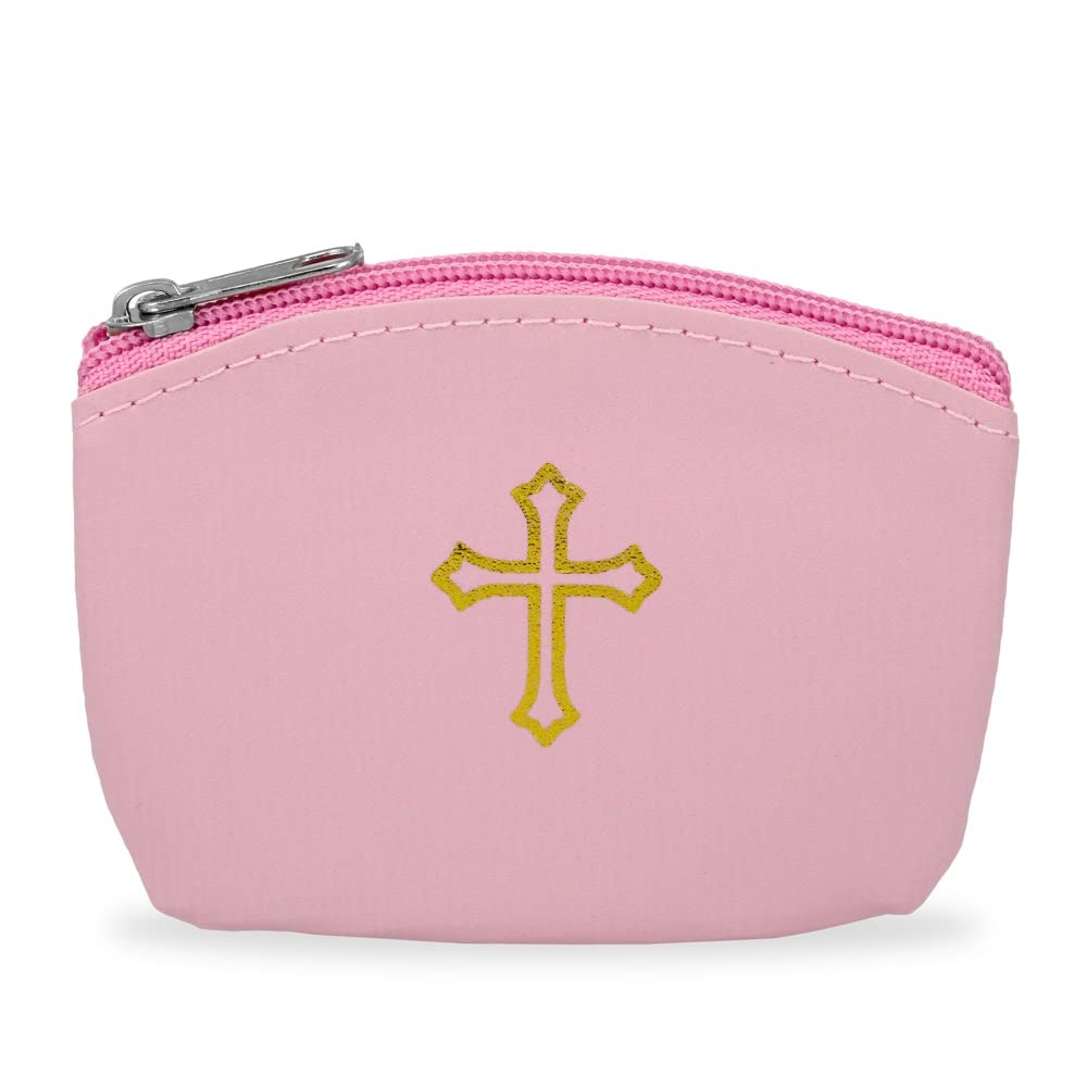 Pink Rosary Pouch with Zipper and Gold Cross Imprint for Women - Stylish Catholic Pouch, Perfect for Easter, Lent, and Religious Travel - Portable Gold Cross Rosary Holder