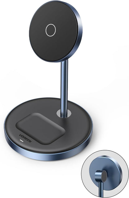 UGREEN MagFlow 2-in-1 Magnetic Wireless Charging Stand Fast Wireless Charger for iPhone 17 16 15 14 13 12 Series and AirPods, MagSafe Compatible Qi Charging Stand with 3 FT USB-C Cable (No AC Adapter)