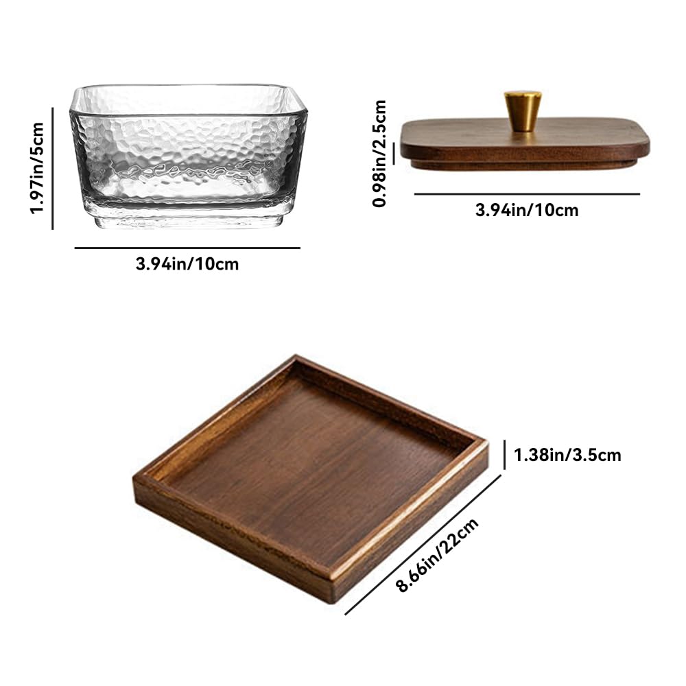 Square Glass Snackle Box Container Snack Organizer and Fruit Platter with Walnut Wooden Lids and Tray Divided Serving Tray for Nuts Candy Fruits (4 Jars)
