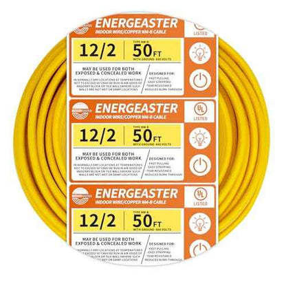 Solid Indoor 12/2 W/G NMB Cable 50ft Coil£¬Electrical Wire 12 Gauge Wire 2 Conductors Non-Metallic with Ground Wire(Yellow)