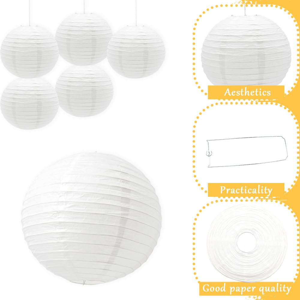 Ruidee 6Pcs Paper Lanterns Decorative Round Hanging Paper Lanterns for Birthday, Wedding, Christmas Xmas, Bridal, Home Decor, Party Decoration（12in/White）