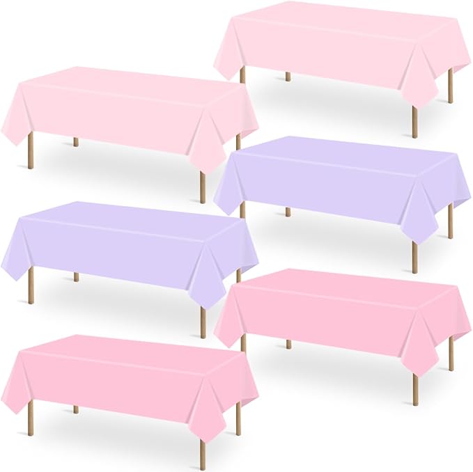 6 Packs Disposable Plastic Tablecloths 54 x 108 Inch Light Color Rectangle Tablecloth Waterproof Table Covers for Baby Shower Girl Birthday Princess Party Cake Decoration