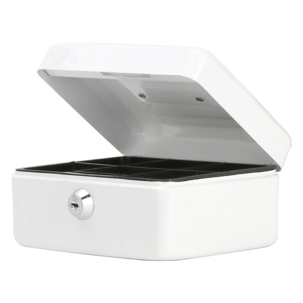 Decaller Small Cash Box with Key Lock, Double Layer Metal Money Box for Home Security, Portable Locking Box, 5.9" x 4.7" x 3.2", White