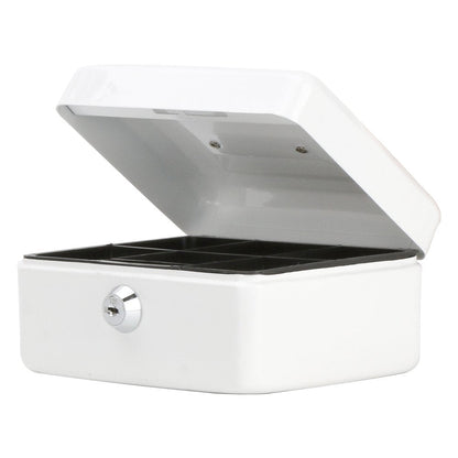 Decaller Small Cash Box with Key Lock, Double Layer Metal Money Box for Home Security, Portable Locking Box, 5.9" x 4.7" x 3.2", White