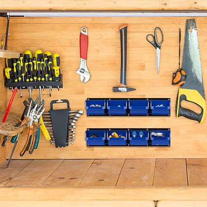 UNITEDPOWER wall mounted garage storage bin, Parts Rack, Plastic Hanging Stackable Storage Bin, Hardware Tool Organizer for workshop, Craft Room, school and Shop, 8 Bins&2 Rails (Blue), Large