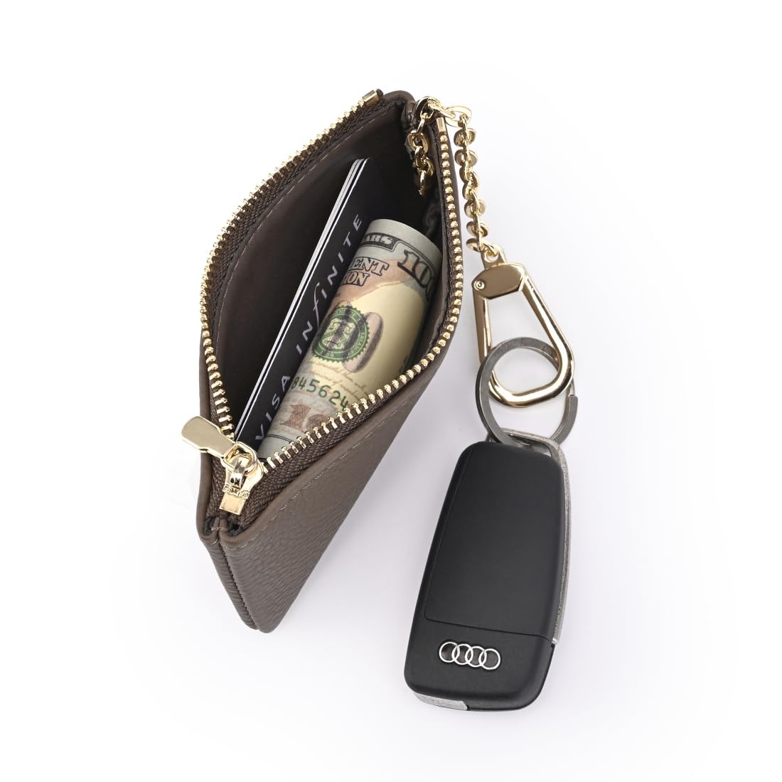 Masien Rauder Luxury Zip Key Chain Pouch | Mini Coin Purse Wallet Card Holder with Clasp | for Men Women (Grey - Pebbled Leather)