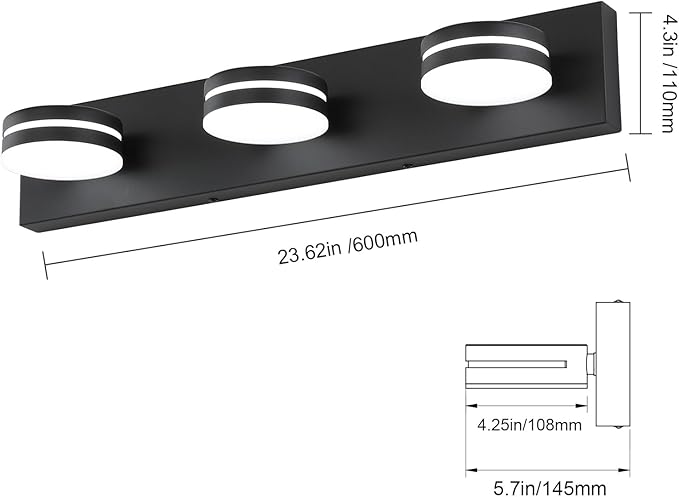 Modern Black Bathroom Vanity Light Fixtures Over Mirror, 3-Light LED Bathroom Lighting Fixtures with 360°Rotatable Head, 24-Inch Vanity Wall Lights for Bath Restroom Powder Room