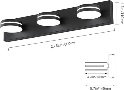 Modern Black Bathroom Vanity Light Fixtures Over Mirror, 3-Light LED Bathroom Lighting Fixtures with 360°Rotatable Head, 24-Inch Vanity Wall Lights for Bath Restroom Powder Room