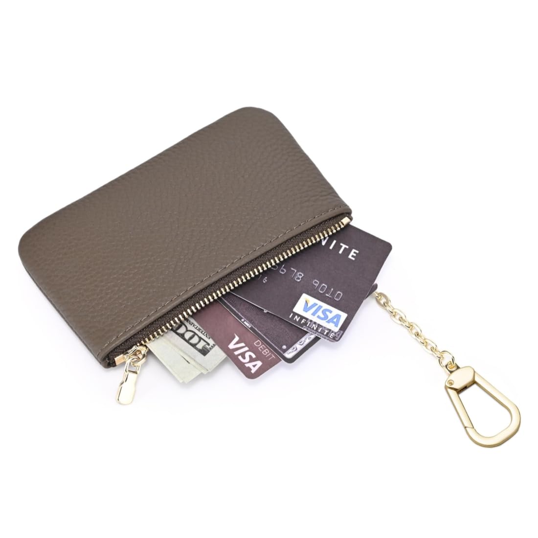 Masien Rauder Luxury Zip Key Chain Pouch | Mini Coin Purse Wallet Card Holder with Clasp | for Men Women (Grey - Pebbled Leather)