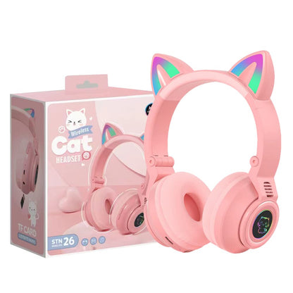 YUSONIC Cat Ear Bluetooth Headphones for Kids & Adults, Wireless Foldable & Wired Multi-Function LED Light Up Over Ear Headphones with Mic and Volume Control for iPhone/iPad/Laptop/PC (Pink 2)