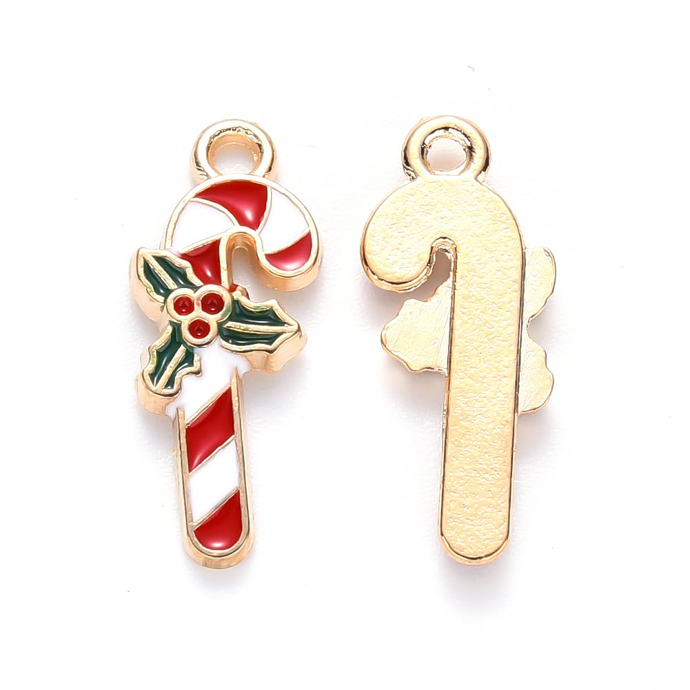Stiesy 100Pcs Holly Candy Cane Charms Pendants Red Enamel Gold Plated Christmas Charms Bulk for DIY Ornament Craft Supply Jewelry Making