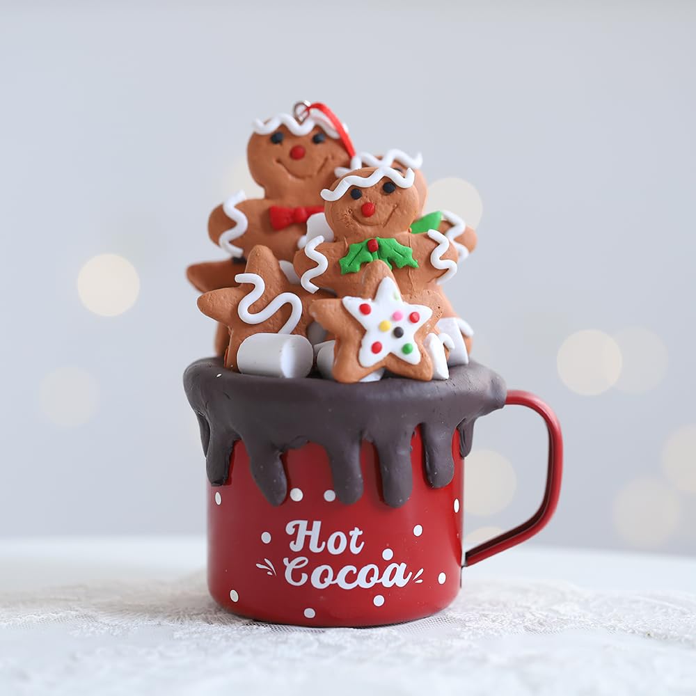 PageebO Gingerbread Man Mug Ornaments Set, 2Ft Clay Gingerbread Man in Mug Candy Shatterproof Pendents for Christmas Tree Decorations Indoor Outdoor Cute Xmas Decor Gift Home New Year Party Supplies