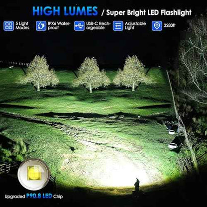 Flashlights High Lumens Rechargeable, 90,000 Lumen Super Bright Tactical Flashlight, High Powered Flash Light with 5 Modes, IPX7 Waterproof Flashlights for Home, Camping, Emergencies