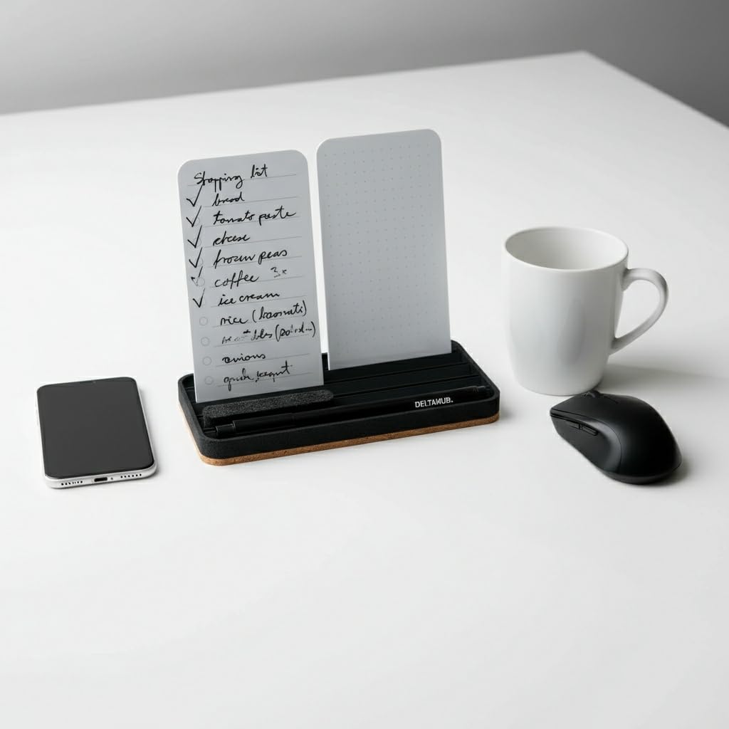 DeltaHub Reusable To-Do List for Desk - Dry Erase Daily Planner with 2 Cards, Marker & Eraser - Minimalist Desktop Organizer for Office, Work from Home - Analog Productivity Tool (White)