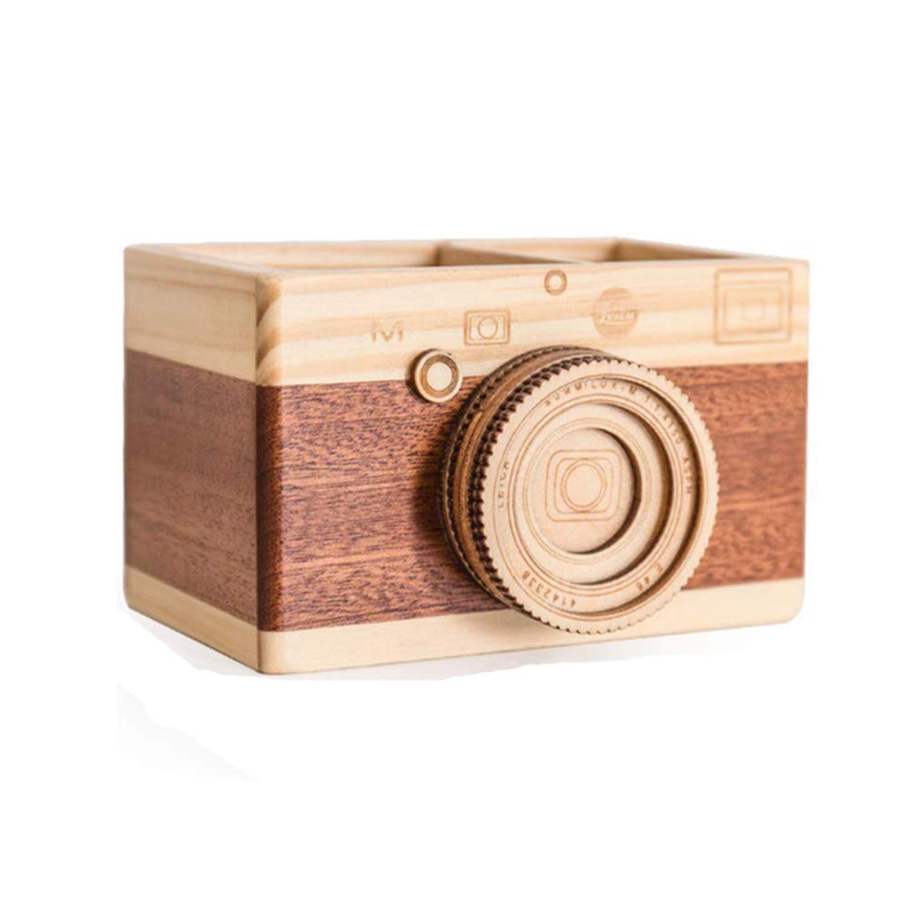 Leadigol Camera Wooden Pencil Holder,Desktop Pencil Holder Gift Makeup Organizer Double-layer Crafts Creative Camera Multi Purpose Use Desk Accessories