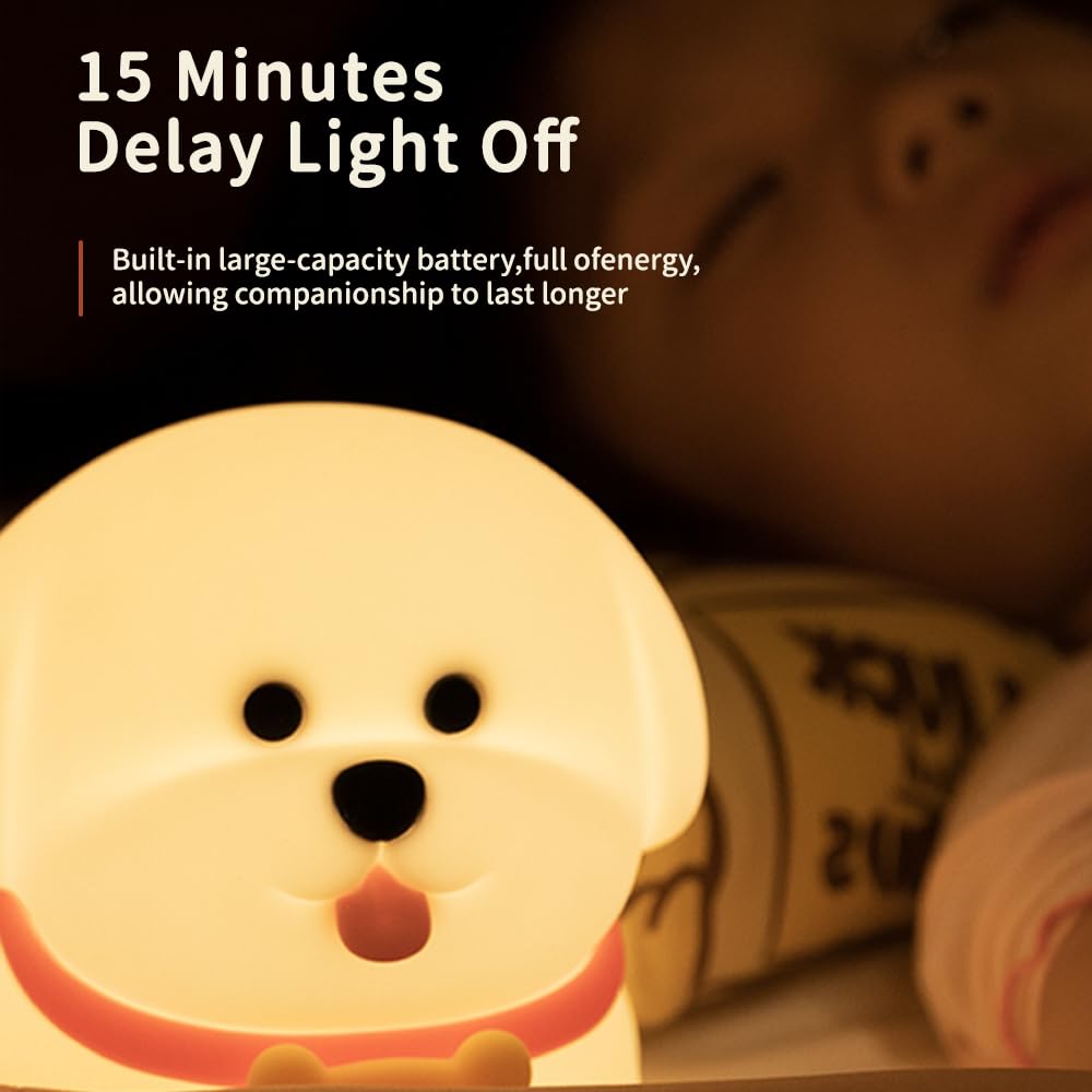 Wonderboy Puppy Night Light, 3000K Warm Light, RGB Color Mode, Adjustable Brightness, 15-Min Auto Off, Silicone, White