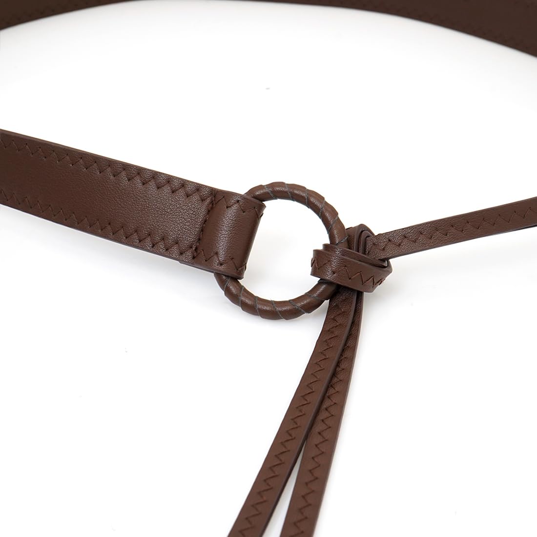 HIQUACC Women's Thin PU Leather Knotted Waist Belt with Tie Ends for Dresses Pants (Round Coffee)