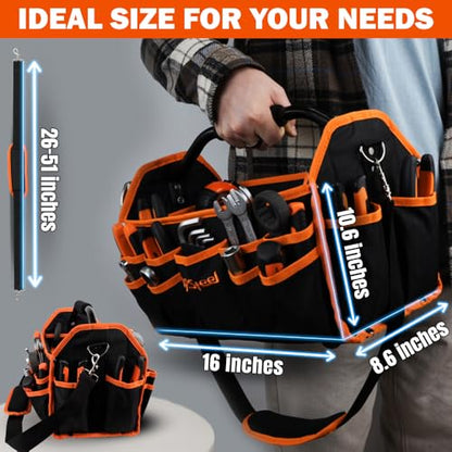 16 Inch Electrician Tool Bag, 26 Pockets Foldable Open Top Tool Bag Organizer with Handle & Padded Adjustable Strap, Heavy Duty Construction, Waterproof