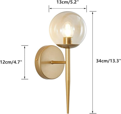 BOKT Vintage Brushed Gold Bathroom Wall Sconce Set of Two Mid Century Modern Globe Vanity Wall Sconce Lighting Set of 2 Bedroom Bar Wall Lamp Amber Glass Wall Lights (Amber)