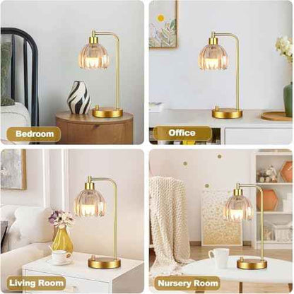 Glass Table Lamp Set of 2,Small Gold Bedside Lamps Dimmable Boho Bedroom Lamp with Tulip Flower Amber Lamp Shade,Vintage Mid Century Modern Mini Nightstand Lamp for Bedroom Living Room