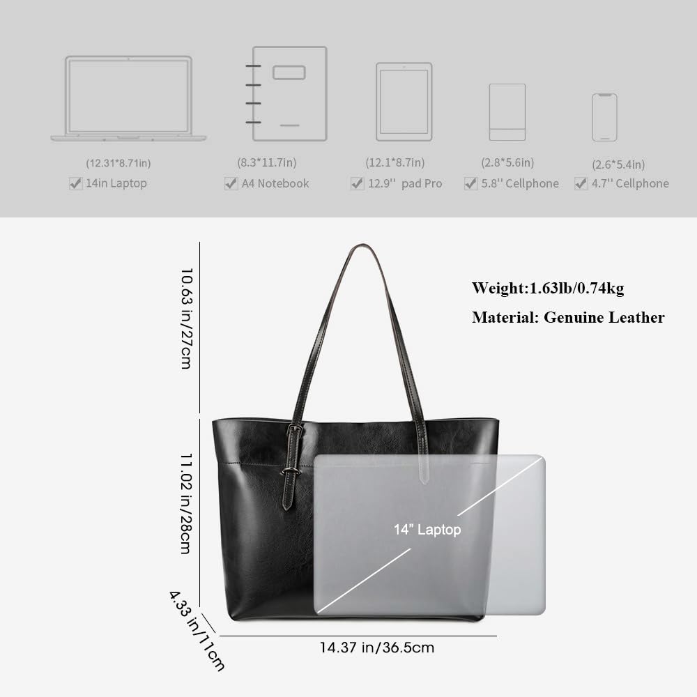 Kattee Vintage Genuine Leather Tote Shoulder Bag for Women Satchel Handbag with Top Handles (Black)