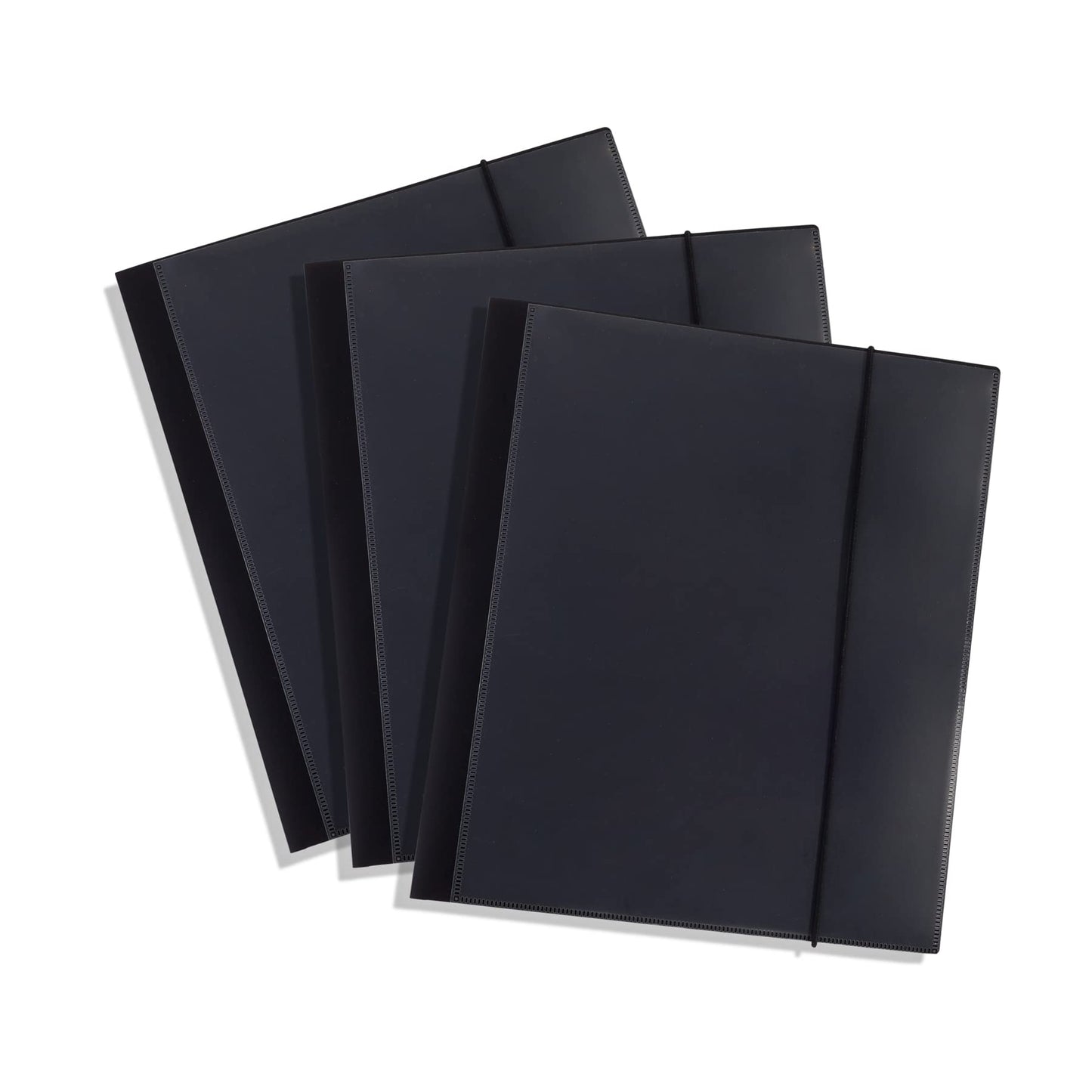 Blue Summit Supplies, 10-Pocket Poly Folders, Elastic Closure Band and Tabbed Inserts, Black, 3-Pack