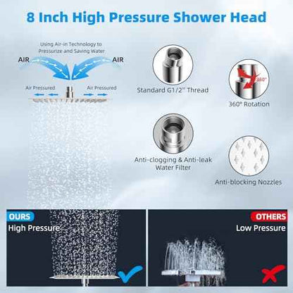 Hibbent All Metal Rain Shower Head, 8'' High Pressure Rainfall Square Showerhead with 16" Shower Head Extension Arm, Solid Brass Adjustable Shower Arm Extender, Waterfall fixed Showerheads, Chrome