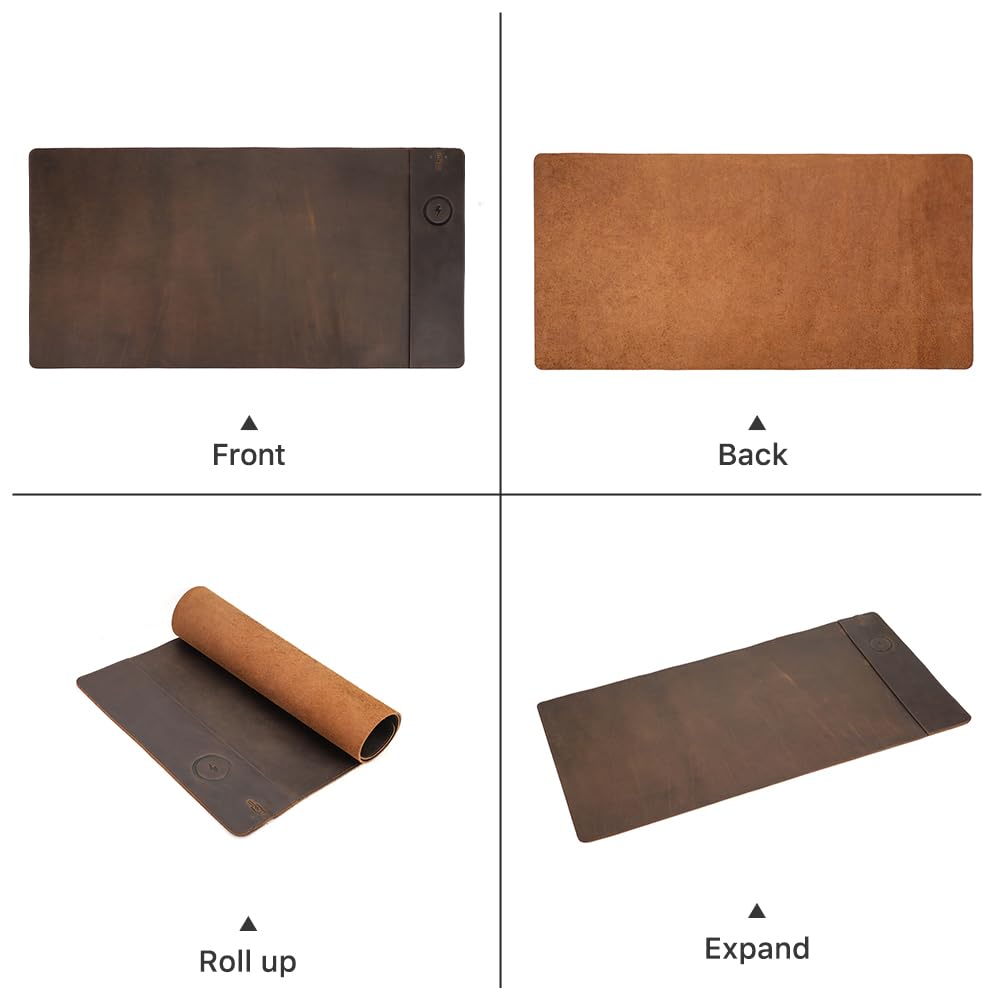 Contacts Full Grain Leather Wireless Charging Desk Mat with 15W Wireless Charger Type C Chargering Port Computer Desk Pad Large Mouse Pad 80x40 cm