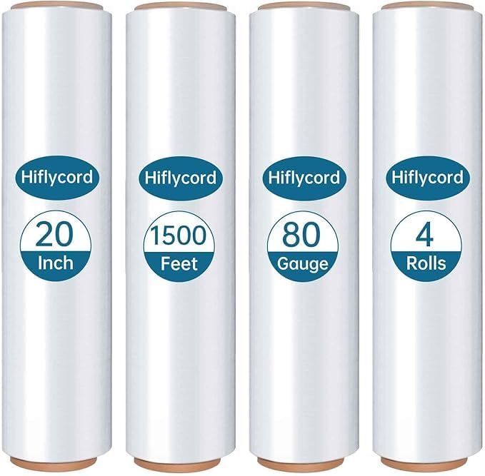 Stretch Film Shrink Wrap Roll 20" x 1500FT, Heavy Duty 80 Gauge Stretch Wrap Roll, Industrial Plastic Wrap for Moving, 800% Stretch for Packing, Pallets, Shipping&Furniture Protection(4 Roll Clear)