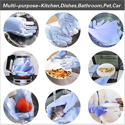 Silicone Dishwashing Gloves, Pet Grooming Rubber Scrubbing Gloves for Dishes,Sponge Wash Cleaning Glove with Scrubbers for Housework, Bathroom, Kitchen, Car, Pets. 1Pair (13.6" Large)