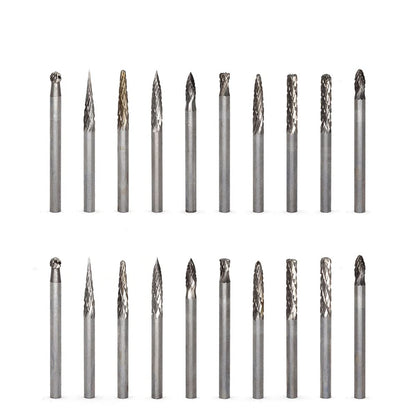 YUFUTOL 20pcs Solid Carbide Burr Set 0.118‘’（3mm）shank Tungsten Carbide Rotary Files Burrs with 3mm Cutting Head diameter Fits Most Rotary Drill Die Grinder for Woodworking,Engraving,Drilling,Carving