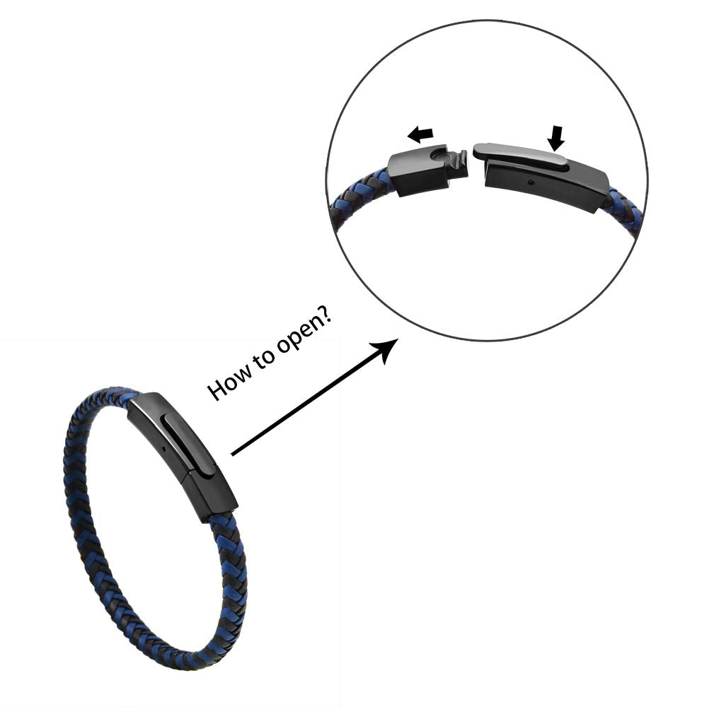 Geoffrey Beene Men's Braided Genuine Leather Fashion Bangle Bracelet with Stainless Steel Clasp (Blue)