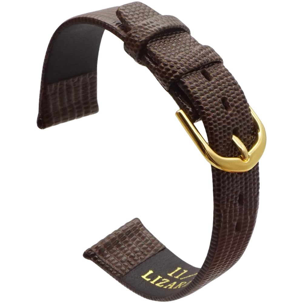 AMHUGE Lizard Grain Watch Strap Black and Brown Calf Genuine Leather 12mm 14mm 16mm 18mm 19mm 20mm 21mm Watchband Thin Soft Watch Band For Woman or Man (Brown(Gold Buckle), 18mm)