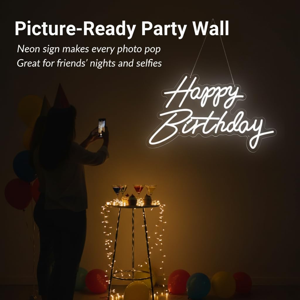 HMT Happy Birthday Neon Sign USB Powered 19.6×11.8 Inch Large LED Light Up Sign for Backdrop & Birthday Party Decor