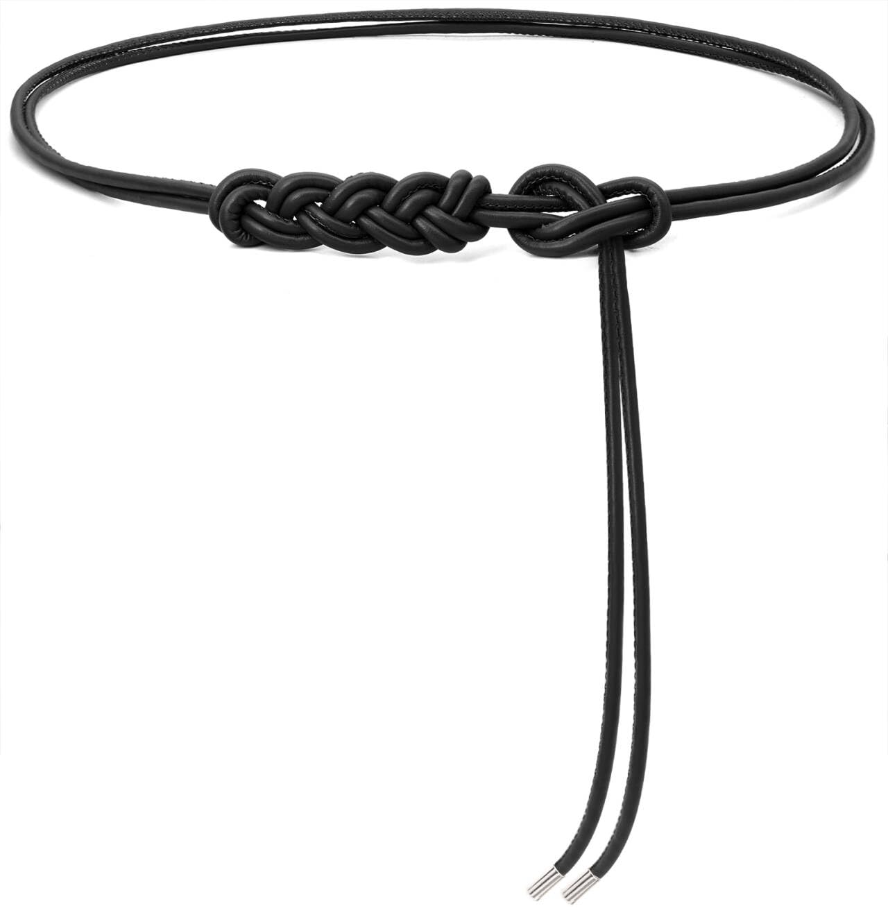 BAOKELAN Women Knot Thin Belts Skinny PU Leather Belts Boho Waist Belt for Dresses Black 130CM
