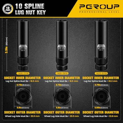 10 Spline Lug Nut Key, Lug Nut Socket Set For 3-Piece Pack Wheel Lock Removal Kit, Lug Nut Removal Tool Of TA20-17/19, TA20-19/21£¬TA23-21/22, Cr-V Steel, Wheel Replacement Key To Double-Hex Heads