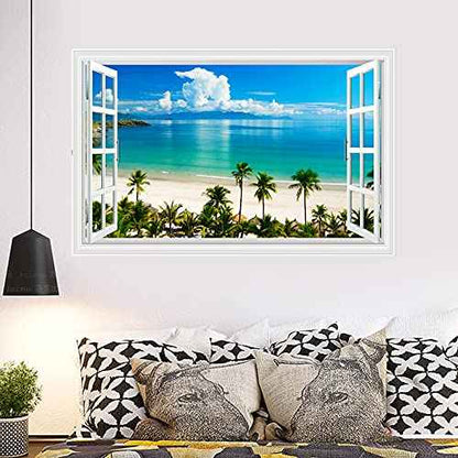 Kiddale Fake Windows Wall Sticker, Removable 3D Beach Seascape Faux Windows Wall Decals for Bedroom Living Room Decoration,27.5"x18"