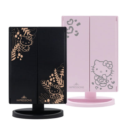 Impressions Vanity Hello Kitty Trifold LED Mirror, Desk Mirror with Lights and Touch Sensor Switch, Lighted Makeup Mirror with 2X and 3X Magnifying (White)