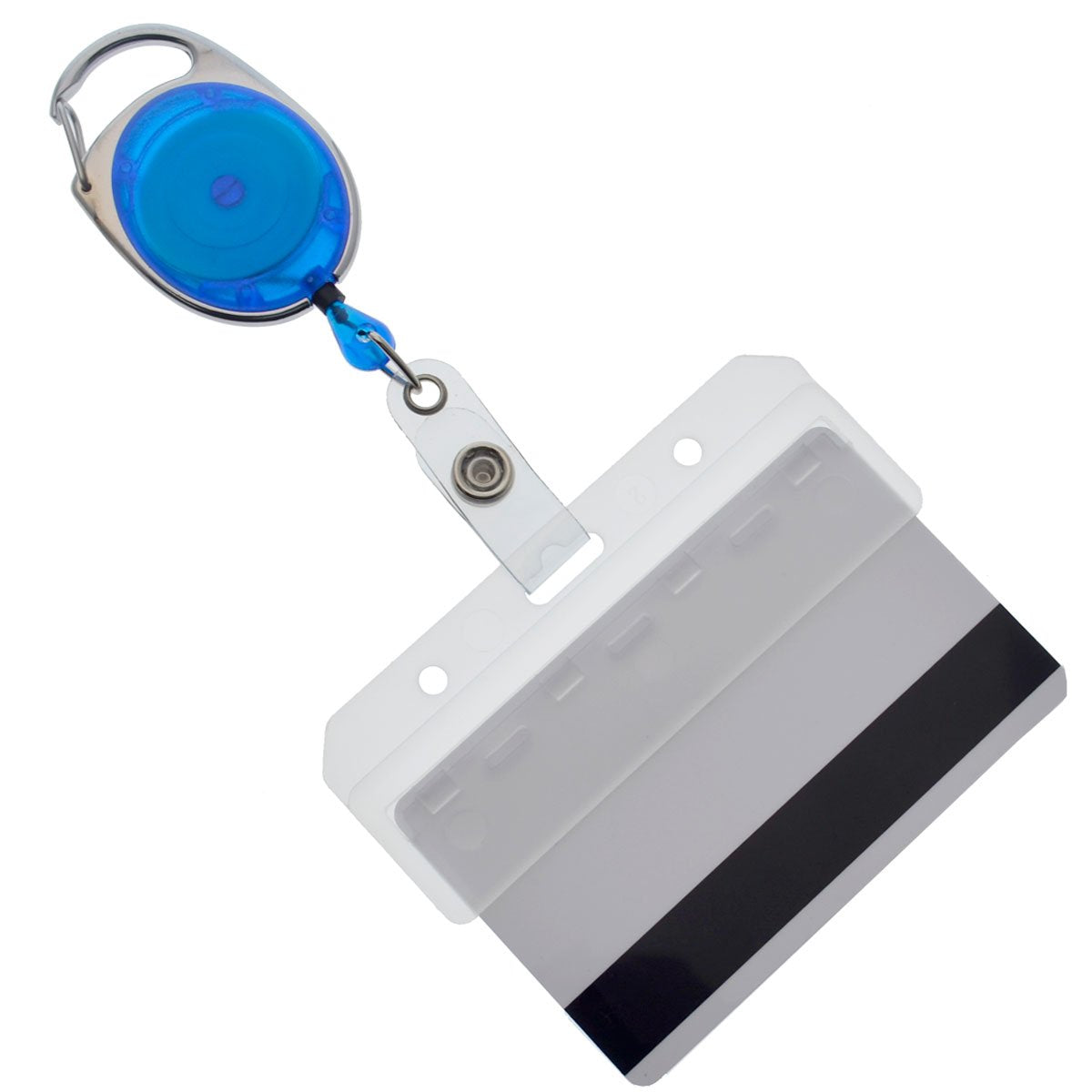 5 Pack - Premium Carabiner Badge Reel with Half Card Holder - Mag Stripe Exposed ID Holder for Swipe Cards Access Control POS Retractable by Specialist ID (Blue)