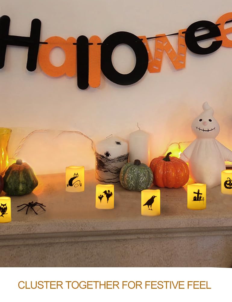 HOME MOST Set of 12 Halloween Votive Candles Battery Operated (White Body, Warm White Flicker) - Flameless Unscented Candles with Halloween Decals - LED Flickering Flameless Votive Candle